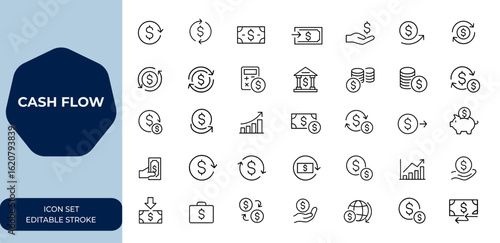Cash flow concepts Linear outline icon collection. Editable stroke vector illustration set with clean design for finance, money management, banking, transactions, economy and more.