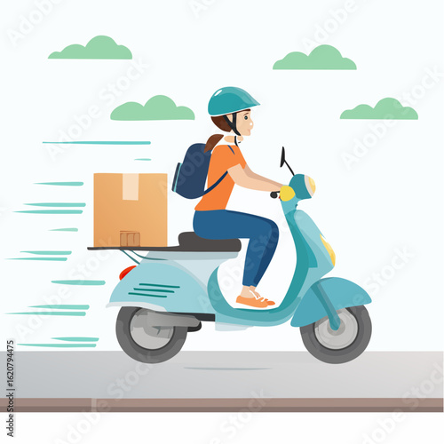 Speedy Delivery: A dynamic depiction of a delivery person riding a scooter swiftly, with a parcel secured, highlighting fast service and dependable transport.