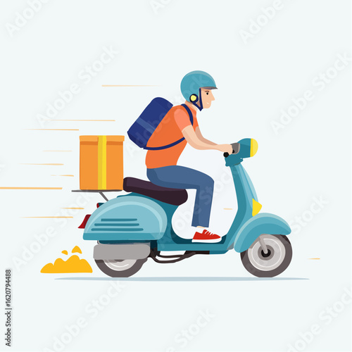 Speedy Delivery: A vibrant illustration capturing a delivery person on a scooter, swiftly transporting a package, embodying efficiency and quick service.
