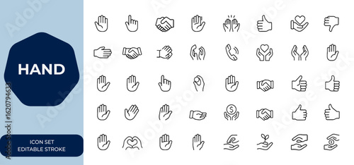 Hand icons set with editable stroke. Collection of vector illustrations featuring hand gestures. Perfect for UI, design projects, user interface, symbols, signs and more.