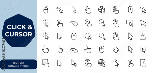 click and cursor symbols Outline linear icon set. Editable stroke vector illustration collection ideal for UI design, web development, user interaction, digital interfaces and more.