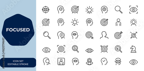 Outline linear icon set focused on concentration and focus concepts. Editable stroke vector illustration collection for web and mobile design, user interface, productivity, attention and more.