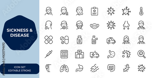 sickness and disease icon set, linear illness vector collection with editable stroke, medical health symbols, healthcare, virus, infection, symptom, treatment, doctor, hospital and more.