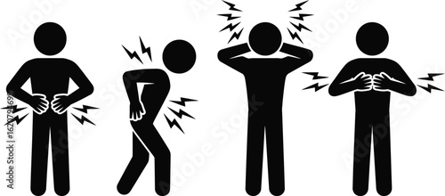 Vector Silhouette Icons of Human Pain Symptoms in Different Body Areas