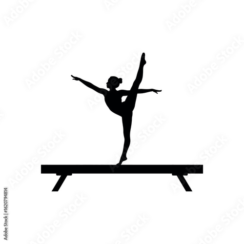 Silhouette of a female gymnast performing a split on a balance beam gymnastics