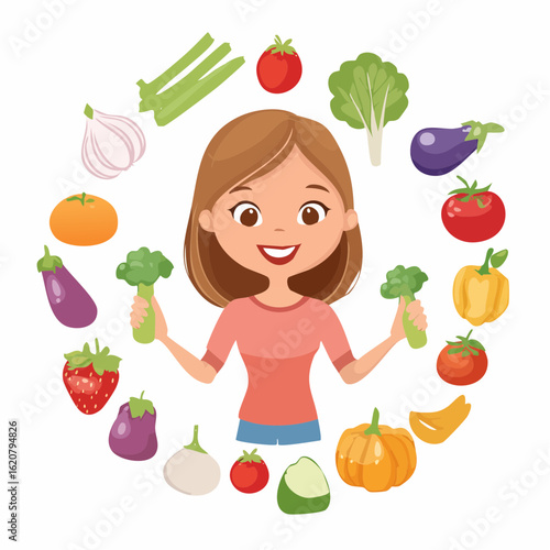 Healthy Food Enthusiast: A cheerful woman is surrounded by a colorful array of fresh, healthy vegetables, celebrating the vibrancy and goodness of a nutritious, plant-based diet. 