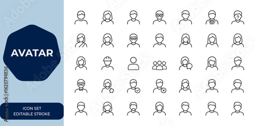 Avatar icons set for user interface design. Editable stroke linear icon collection. Vector illustration for UI, profile, user experience, app, digital identity, web design, avatar, interface
