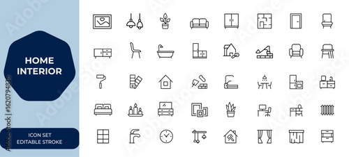 Home interior design Outline linear icon collection. Editable stroke vector illustration featuring home decor, furniture, architecture, room layout, modern style, house elements, renovation