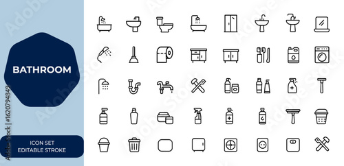 Bathroom outline icon set with editable strokes. Linear vector illustration collection featuring sanitary accessories, plumbing, furniture, cleaning, hygiene, and home equipment and more.