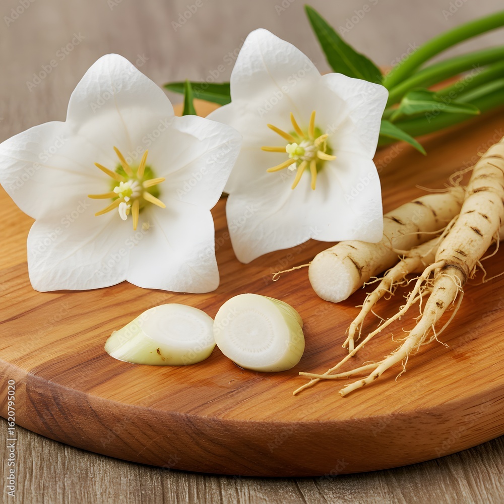 Naklejka premium The image of white platycodon flower and root symbolizes the herb used in health foods and holistic cooking.