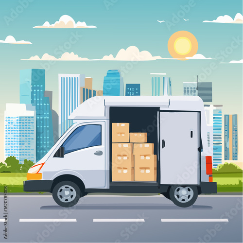 Delivery Van and Cityscape: A delivery van parked on the road with its cargo of cardboard boxes, set against a backdrop of a modern cityscape, symbolizing commerce and transport.