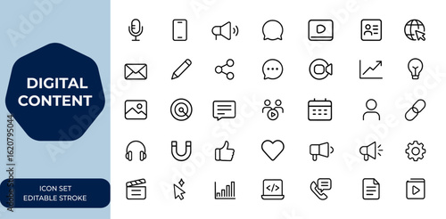 Digital content creation Outline icon set featuring editable stroke linear illustrations, media, marketing, and communication. Vector icons for app, podcast, blog, video, and website and more.