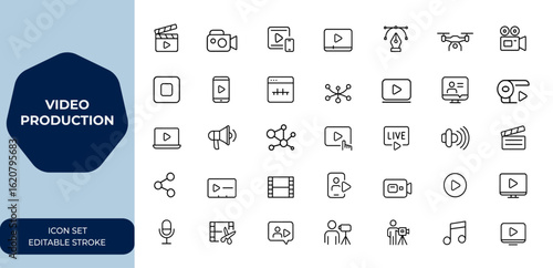 video production and editing Linear outline icon set. Editable stroke vector illustration collection featuring film, media, player, network, motion picture, creative content, technology and more.