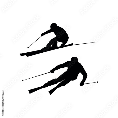 Two black silhouette skiers in motion on white background skiing sport