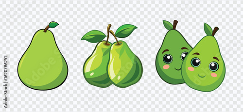 Cartoon Pear Fruit with Cute Faces – Fun and Colorful Pear Illustration