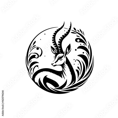 Elegant antelope illustration isolated on white background with decorative elements