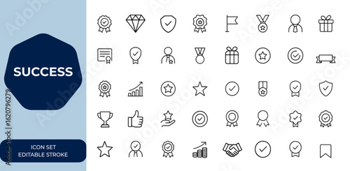 Success Linear outline icon set editable stroke vectors, quality, badge, achievement, award, rank, medal, trophy, certificate, shield, prize, satisfaction, business, growth