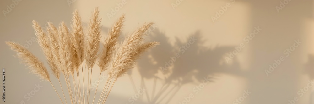 Fototapeta premium Pampas grass casting soft shadows on a beige wall, creating a natural, minimalist, and aesthetically pleasing home decor element with copy space