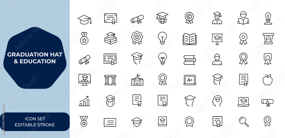 © aura studio - Graduation hat and education Outline linear icon collection. Editable stroke vector illustration set for academic, learning, school, ceremony, cap, diploma and more.
