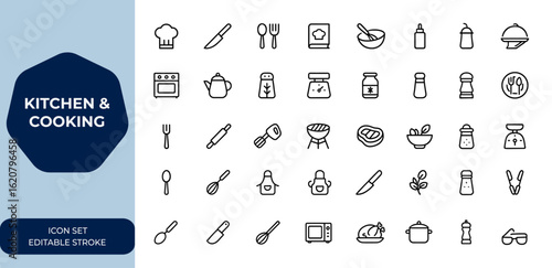 kitchen and cooking Linear outline icon collection utensils with editable stroke. Vector illustration featuring chef tools, baking, condiments, grill, food prep, spices, and cookware, vector