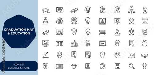 Graduation hat and education Outline linear icon collection. Editable stroke vector illustration set for academic, learning, school, ceremony, cap, diploma and more.