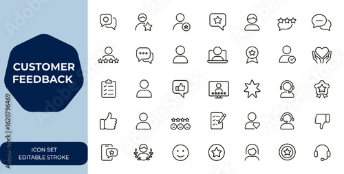 customer feedback Line icon collection featuring client experience, satisfaction, review, and support. Editable stroke vector illustration for business, rating, survey, and service and more.