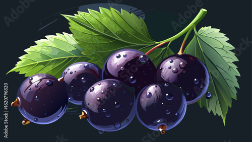 Fresh black currants with water droplets glisten softly atop a dark surface, their smooth skin reflecting subtle light, framed by crisp green leaves in a semi-realistic vector design.