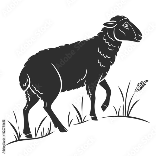 Isolated Black Silhouette of Sheep on White Background