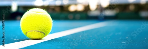 tennis court,tennis ball,sports equipment,blue court,outdoor scene,sports photography,depth of field,blurred background
