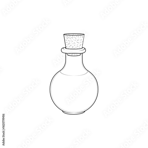 Line art of a glass bottle with a cork stopper. Minimalist vector illustration for kitchen, packaging, or herbal design.