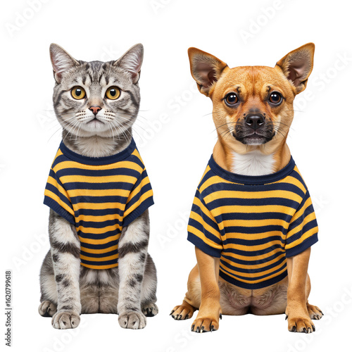 Cat and dog wearing matching striped sweaters posing together  