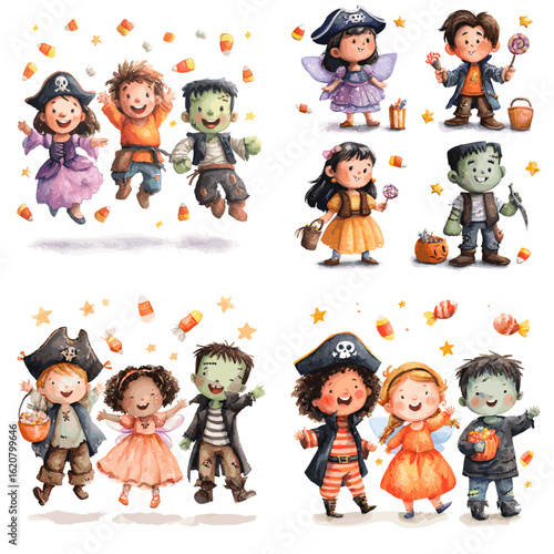 Adorable watercolor-style kids dressed in Halloween costumes like pirates, monsters, and fairies. Great for holiday cards, decorations, and children’s seasonal content.


