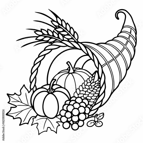 Outline Cornucopia or Horn of plenty full of pumpkin, grape, wheat and maple leaf in black isolated on white background.