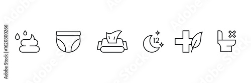 Set of liner Baby pants icon collection. Diaper, breathable, cotton, poo pee symbol.