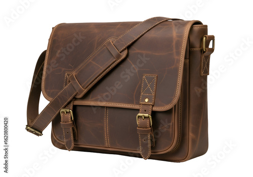 A brown leather messenger bag with adjustable straps.