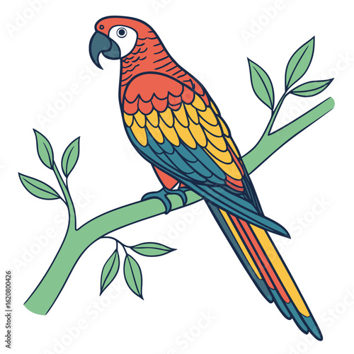 Colorful scarlet macaw parrot perched on a branch with green leaves