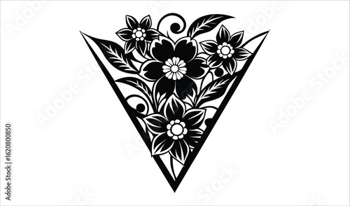 Decorative triangular floral design with flowers and leaves in black and white