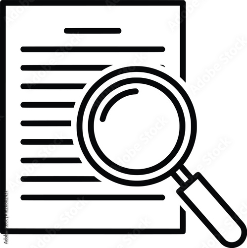 Vector illustration of a document with a magnifying glass representing research analysis and investigation of information and data