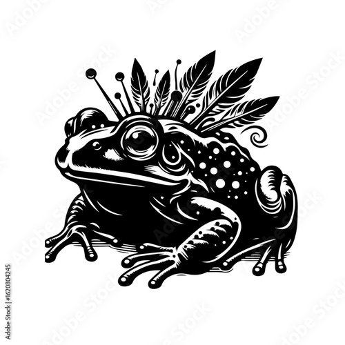 A frog wearing a feather crown, isolated on white background