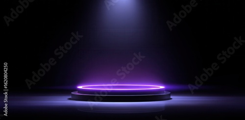 A glowing purple halo floating above an empty podestal, set against a dark background with subtle light effects for depth and focus on the product display area. Vector illustration.