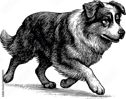 Fine engraved portrait of australian shepherd in herding motion, soft coat rendered in curved hatching, vector-friendly, isolated on white