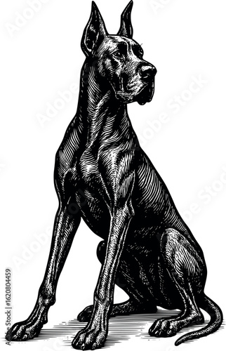 Great dane in regal pose with long limbs and deep shadows in coat folds, traditional engraving lines, vector-friendly, isolated on white