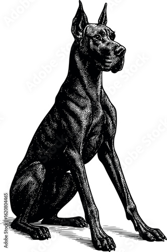 Great dane in regal pose with long limbs and deep shadows in coat folds, traditional engraving lines, vector-friendly, isolated on white