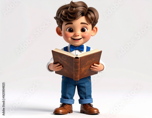 Little boy reading a book, A highly detailed 3D render of a cheerful little boy reading a book