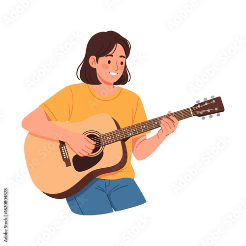 A smiling woman with short brown hair plays an acoustic guitar, demonstrating musical expression for learning or entertainment.