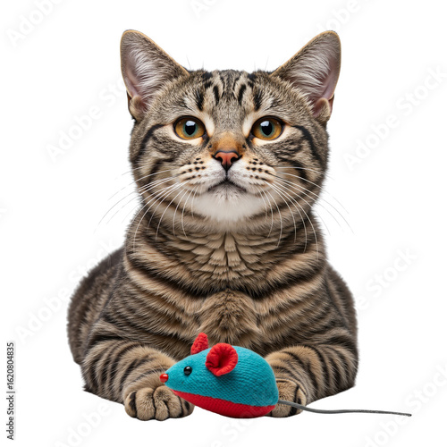 Tabby cat posing with a colorful mouse toy on white background  