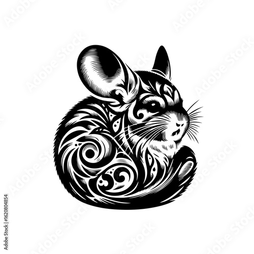 Illustration of a chinchilla with ornaments isolated on white background