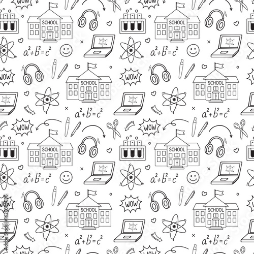 Back to school seamless vector pattern. Pattern school supplies. Vector illustration. Hand-Drawn. Flat design, Black and white line sketch. Stationery, school, laptop, headphones