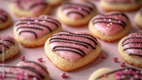 Pink and black heart shaped cookies with pink sprinkles on a table love background food background