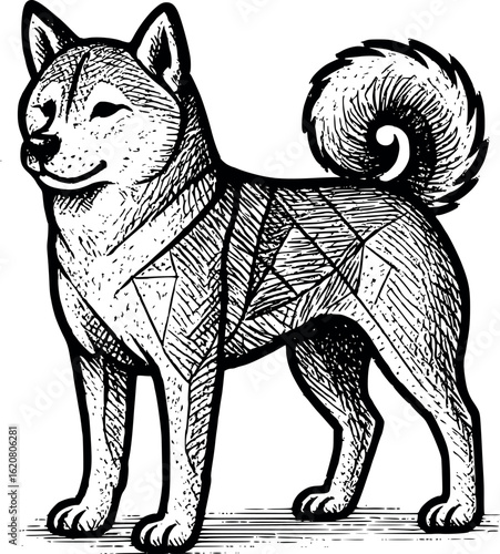 Vintage scratch-style illustration of shiba inu with curled tail, geometric fur details, vector-friendly, isolated on white